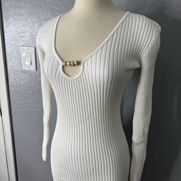Glamorous Studios Pristine Energy Ivory Ribbed Beaded Long Sleeve Maxi Dress, S - Picture 2 of 5